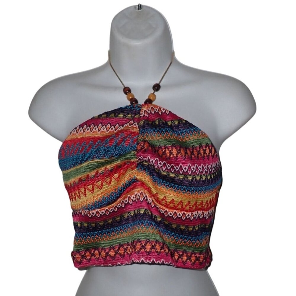 Romwe Halter top Women S US 4 knit Embroidered Stripe‎ boho hippie beaded